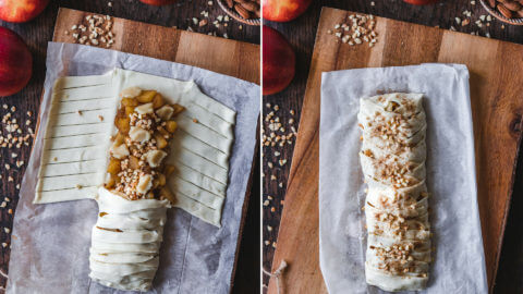 Schrittbilder die das Übereinanderlegen der Blätterteigstränge verdeutlichen, damit der vegane Apfelstrudel ein schönes Muster bekommt